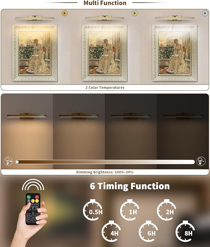 Joosenhouse Battery Operated Picture Light Wireless Gallery Light with Remote Control Rechargeable Wall Lights Brass 15.35" Dimmable and Timed Off Wall Sconce Light