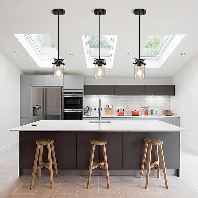 Industrial Pendant Lighting for Kithen Island, Black Pendant Light Fixture with Clear Glass Shade, Modern Mini Ceiling 3 Light Fixture Adjustable Kitchen Island Lighting(E26 Base)