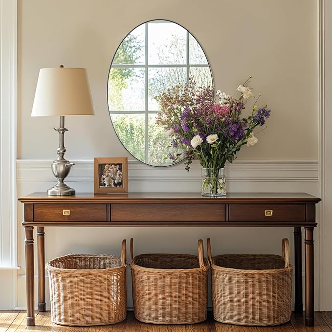 ANDY STAR Chrome Bathroom Mirror, Oval Bathroom Mirror 22 x 30 Inch, Polished Chrome Oval Wall Mirror for Bathroom, Oblong Pill Shaped Mirror Stainless Steel Frame Wall Mount Horizontal or Vertical