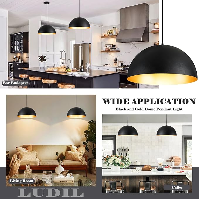 Industrial Pendant Lighting for Kitchen Island, 16 Inch Black and Gold Metal Dome Pendant Light Fixtures, Hemispherical Hanging Ceiling Light E26 Base for Reading Dining Room Foyer Cafe, 2 Pack