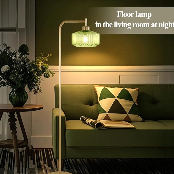 NanFeng Green Floor Lamp for Living Room,Mid Century Modern Standing Lamp Brass with Ribbed Green Globe Glass Lampshade Pedal Switch,Gold Tall Floor Lamps Vintage for Bedroom Study Room Art Deco Retro