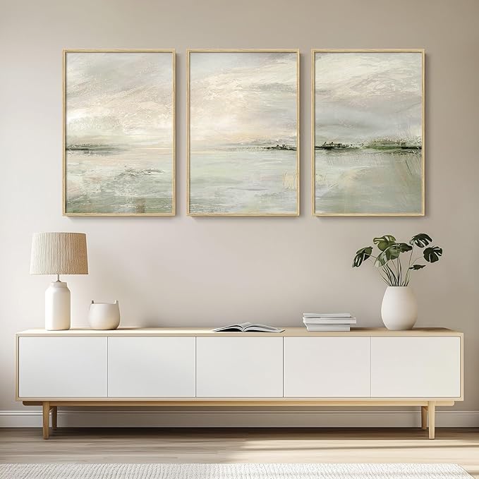 Framed Extra Large Green Abstract Wall Art for Living Room, 3 Piece Contemporary Landscape Canvas Artwork, Modern Minimalist Painting Prints for Dining Room Hallway Home Office Wall Decor, 24x36 Inch