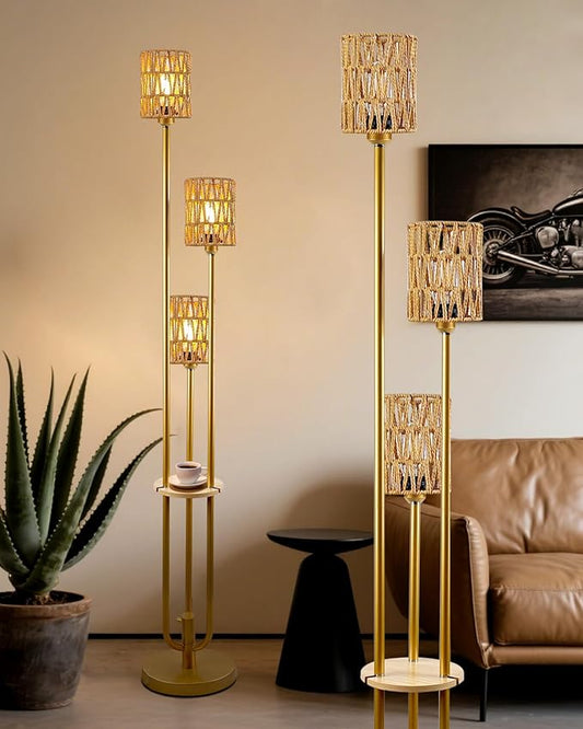 Lightdot Dimmable Boho Floor Lamps for Living Room, 3-Lights Rattan Floor Lamp with Shelves, 3000K Warmwhite Farmhouse Floor Lamp Candle Holder Style, Rustic Gold Standing Lamp with Bulbs Included