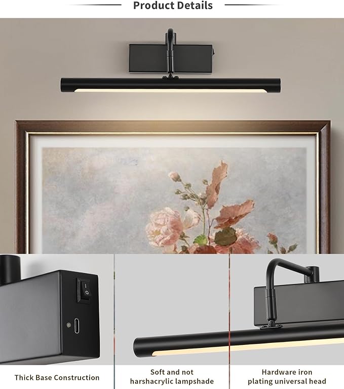 Joosenhouse Wireless Picture Light Battery Operate Library Light 15Inch 5000mAh Rechargeable Gallery Light with Remote Control Dimmer and Timer Off Function Black Wall Light