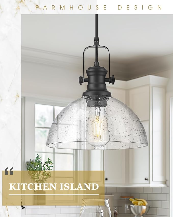 Black Pendant Lights Kitchen Island, 10.5" Farmhouse Pendant Lighting with Clear Seeded Glass Shade, Vintage Hanging Light Fixtures for Dining Room, AD-22151-1PL-BK