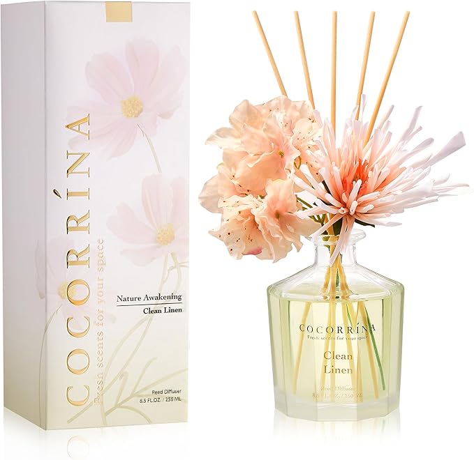 COCORRÍNA Reed Diffuser - Clean Linen 8.5oz Flower Reed Diffuser Set with 8 Sticks, Home Fragrance Reed Diffuser for Home Bedroom Office Bathroom Shelf Decor (Master Collection)