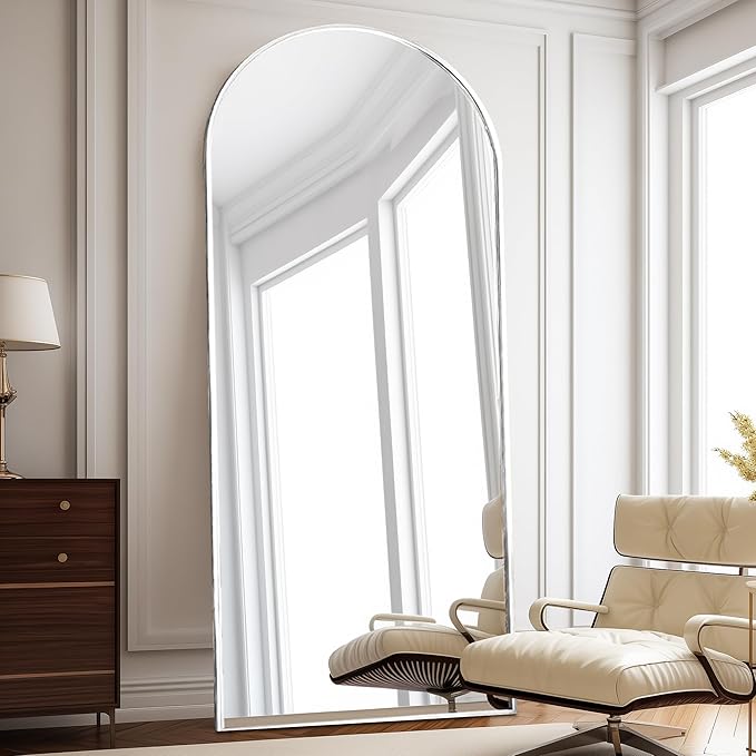 Floor Length Mirror, 76"x34" Arch Full Length Mirror Hanging or Leaning, Body Mirrors with Stand, Arched-Top Wall Mounted Mirrors with Aluminum Frame for Bedroom (White)