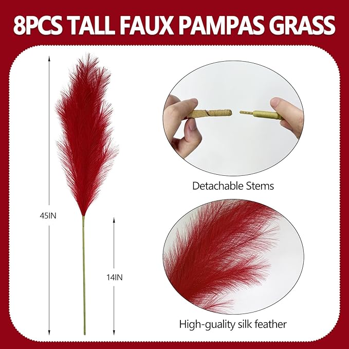 8 Pcs Deep Purple Tall Faux Pampas Grass Decor, 45 Inches Artificial Pampas Grass Bulk, Large Faux Pompas Dried Decor for Floor Vase Filler, Home Boho, Wedding Anniversaries, Baby Shower Decoration