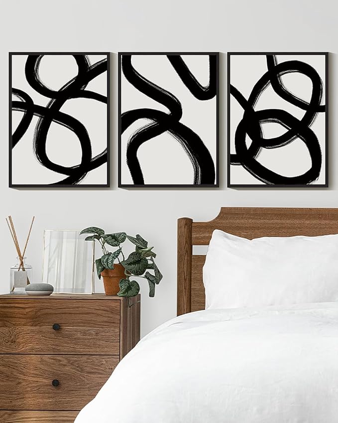 KUVIOKE Black and White Abstract Framed Wall Art Minimalist Ink Wash Lines Painting Artwork for Bedroom Hallway 11x14in (Black Framed)