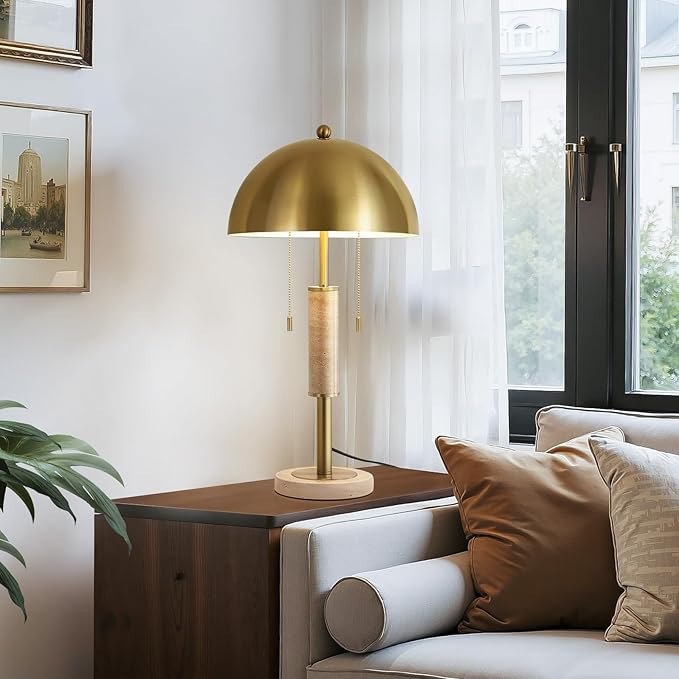 24" Modern Table Lamp for Living Room Gold Metal Nightstand Lamp with High-Grade Decorative Travertine Mid Century Table Lamp for Bedroom Side Table Bedside End Table
