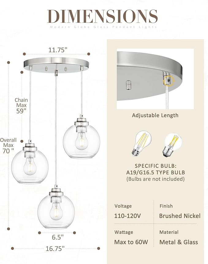 Globe Cluster Pendant Light, 3-Light Hanging Light Fixture with Brushed Nickel Finish, Clear Glass Kitchen Island Lighting for Dining Room Living Room Laundry Entrance Foyer, ZCPL101BN-3C