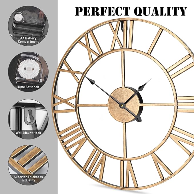 Large Wall Clock, 24-Inch(60CM) Roman Numeral Decorative Art Wall Clock,Completely Silent, Non Ticking, Battery-Operated Metal for Living Room, Bedroom and Kitchen-Copper Gold