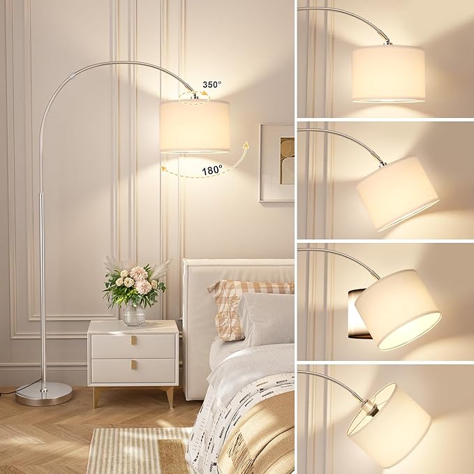 Ambimall Dimmable Arc Floor Lamp with Remote, Color Temperatures and Brightness Adjustable, Arched Floor Lamp with Rotating Head, Over Couch Arched Reading Light for Living Room (White and Silver)