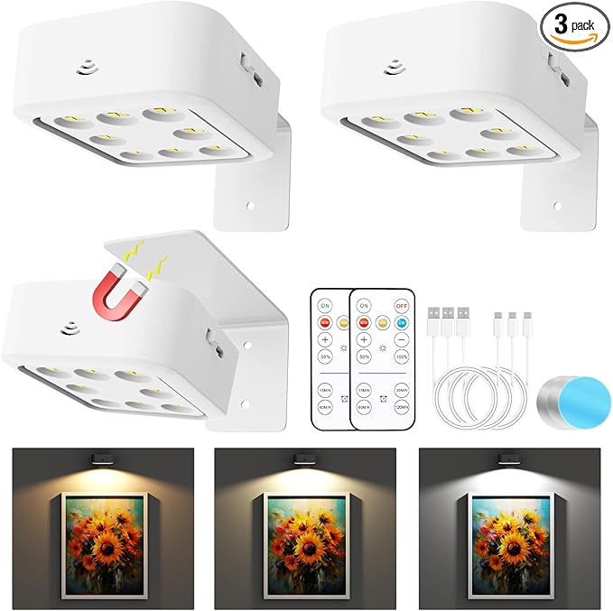 3 Pack Picture Lights for Wall, Rechargeable Battery Operated Wall Lights, Picture Frame Lights with 3 Lighting Modes, Wireless Magnetic Painting Light with Remote Control Timer (White, 3 Pack)