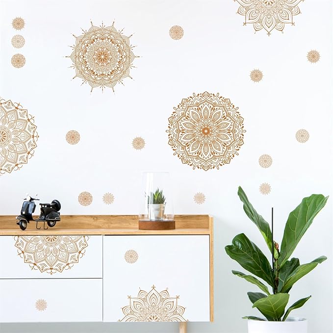 Kazova's Brown Mandala Wall Decals Lotus Flower Yoga & Heart Chakra Stickers Boho Lotus Decor & Headboard Sticker Removable Wall Art Sticker for Bedroom Living Room Decor