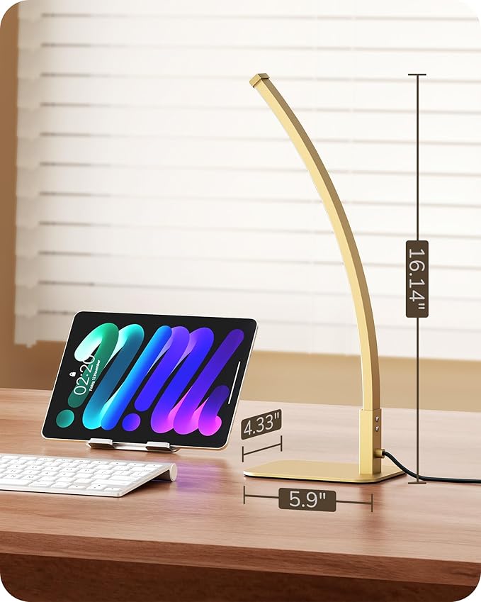 EDISHINE Curved LED Table Lamp, Modern Bedside Lamp with 3 Color Temperature & Stepless Dimming, Aluminum & Iron, Nightstand Lamp for Bedroom, Living Room, Gold
