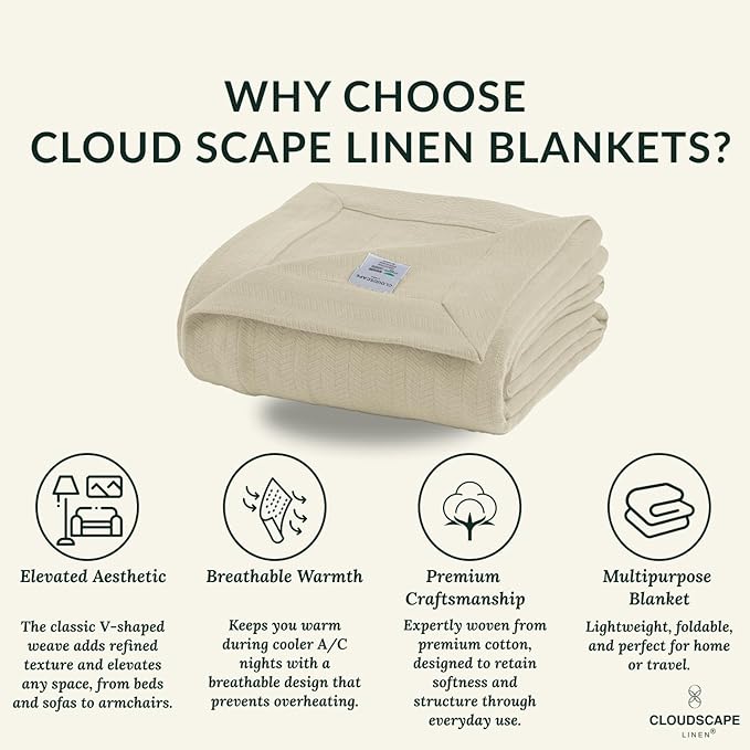 Cloud Scape Linen Herringbone Cotton Throw Blanket for Couch, Bed,Sofa, Home Decor, Soft, Lightweight, All-Season Bed Blanket, 50 x 70,Beige Fog