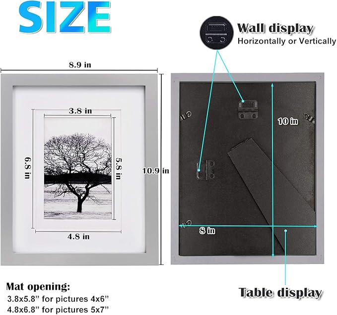 Egofine 8x10 Picture Frames 4 Pack Solid Wood Frames Covered by Plexiglass for Pictures 4x6 or 5x7 with Mat or 8x10 Without Mat, Photo Frames for Table Top and Wall Display, Light Gray