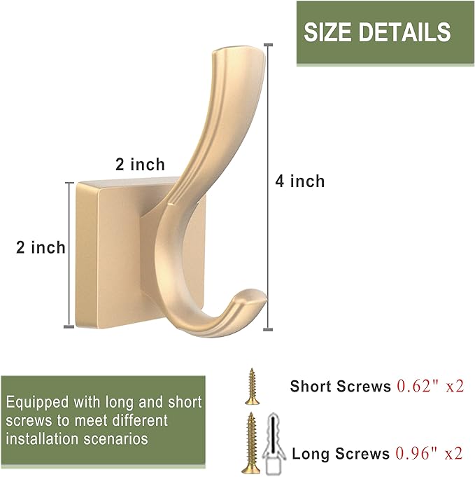 Gold Hooks for Wall Double Hooks, Heavy Duty Thick Bathroom Coat Hooks for Hanging Key Robe Hat Backpack, Wall Mount Hat Hooks Bath Towel Hooks(6 Pack, Gold)
