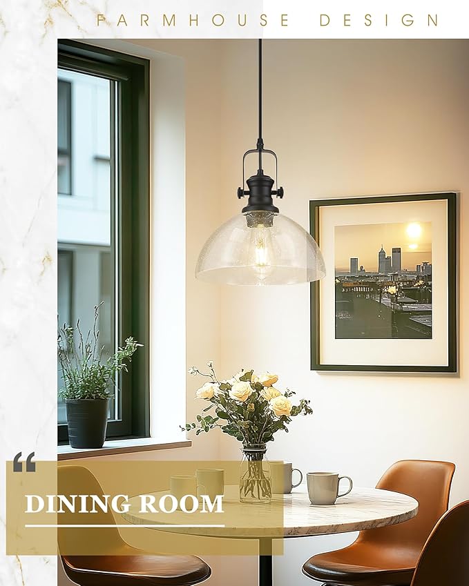 Black Pendant Lights Kitchen Island, 10.5" Farmhouse Pendant Lighting with Clear Seeded Glass Shade, Vintage Hanging Light Fixtures for Dining Room, AD-22151-1PL-BK