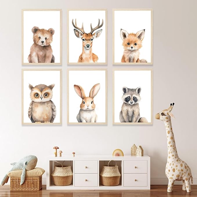 6 Animal Wall Art for Kids Room, Baby Room, Woodland Animals, Cute Bear, Deer, Rabbit Poster Prints, Safari Themed Paintings for Boys Girls Room (8x10 Inch Posters)