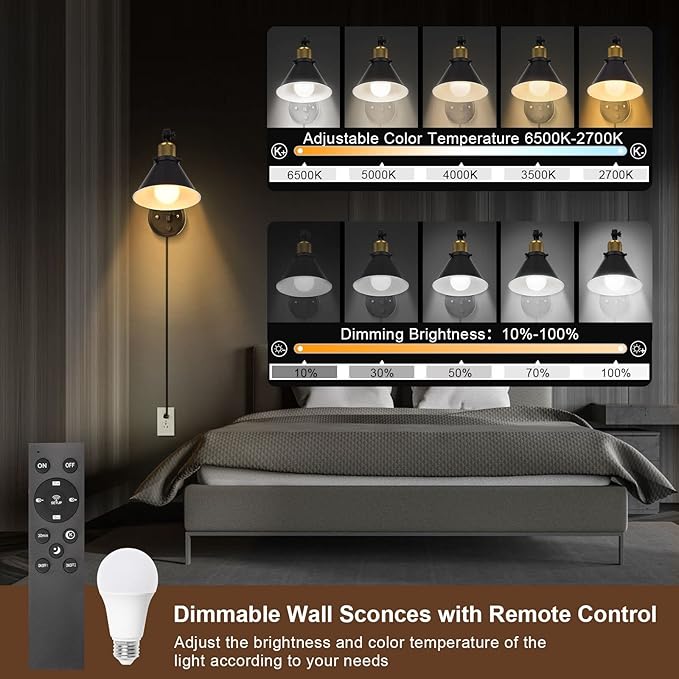 TRLIFE Dimmable Wall Sconce with Remote Control, Plug in Wall Sconces Dimming 10%-100% and Adjustable Color Temperature 2700K-6000K, Swing Arm Wall Lights with Plug in Cord, UL Listed(2 Pack, 2 Bulbs)