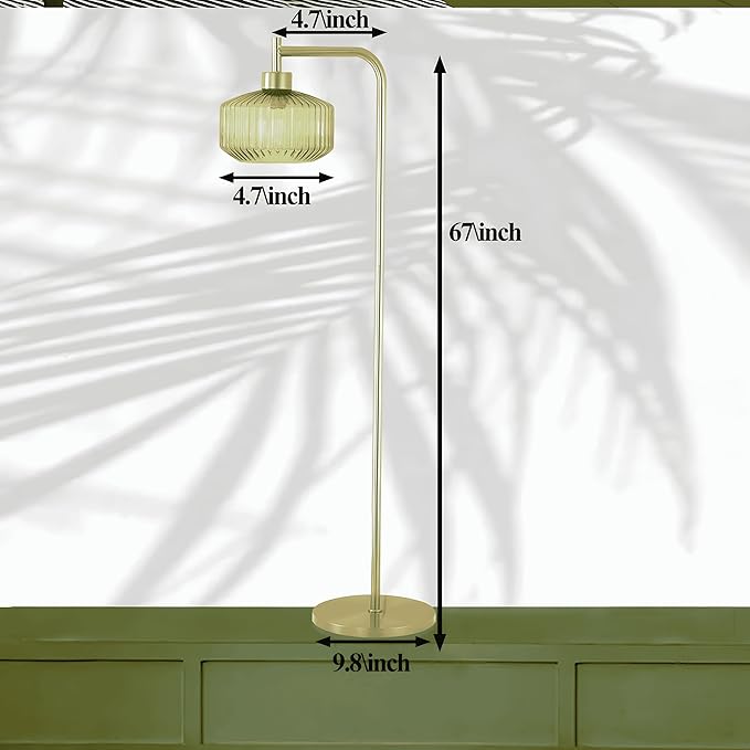 NanFeng Green Floor Lamp for Living Room,Mid Century Modern Standing Lamp Brass with Ribbed Green Globe Glass Lampshade Pedal Switch,Gold Tall Floor Lamps Vintage for Bedroom Study Room Art Deco Retro
