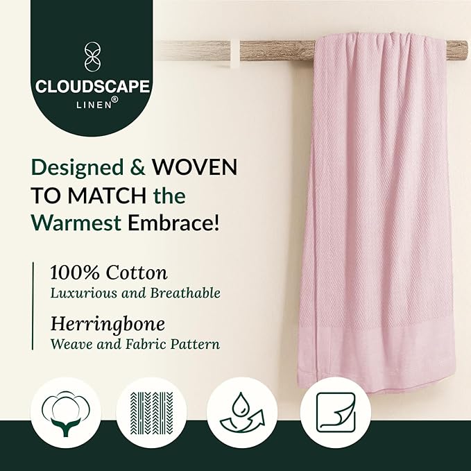 Cloud Scape Linen Herringbone Cotton Throw Blanket for Couch, Bed,Sofa, Home Decor, Soft, Lightweight, All-Season Bed Blanket, 50 x 70, Seashell Pink