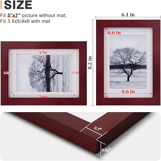 Egofine 5x7 Picture Frames 4 Pack Covered by Plexiglass for Picture 4x6 with Mat or 5x7 whitout Mat Made of Solid Wood for Table Top Display and Wall Mounting Photo Frame, Cherry Red