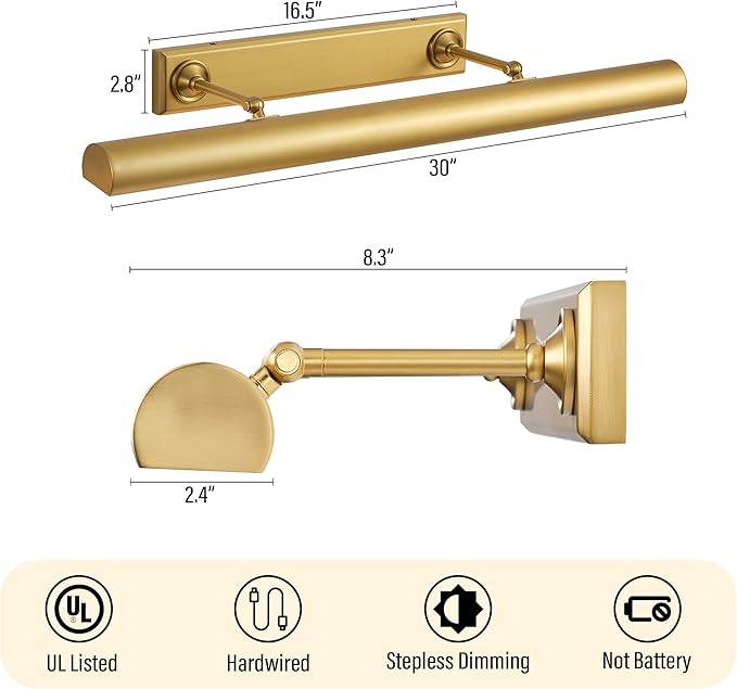 30" Brass Picture Light for Wall, Thickened Copper Gallery Library Painting Art Lights with 4 Bulb, Indoor Hardwired Wall Sconce Light for Poster Frame, Staircase, Hallway, Vanity Bedroom