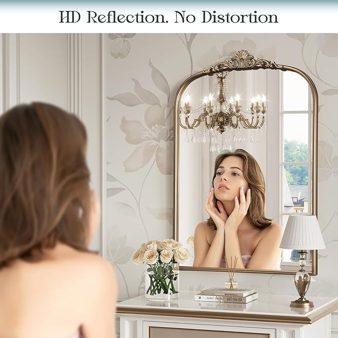 24" x 36" Antique Gold Arched Mirror for Wall, Vintage Brass Bathroom Mirror with Metal Frame, Bronze Ornate Gold Vanity Mirror for Entryway, Mantel, Powder Room