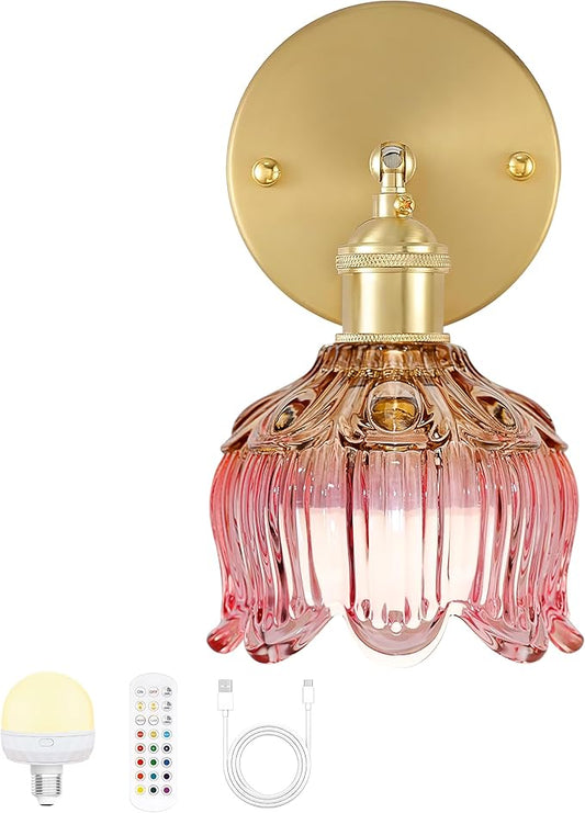 Battery Operated Wall Sconce with Remote Control,Vintage Wall Sconce with Flower lampshade and Timer,Rechargeable Battery Wall lamp Wall Lights with 15 Colors for Bedroom Living Room Doorway,Pink
