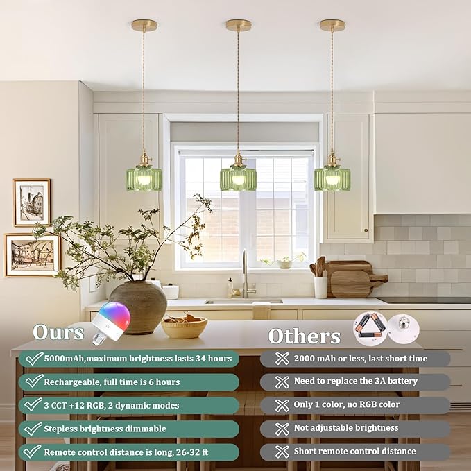 Battery Operated Pendant Light 5000mAh Rechargeable Chandelier with Remote Control Wireless Adjustable Hanging Green Striped Light for Kitchen Island Dining Room Hallway