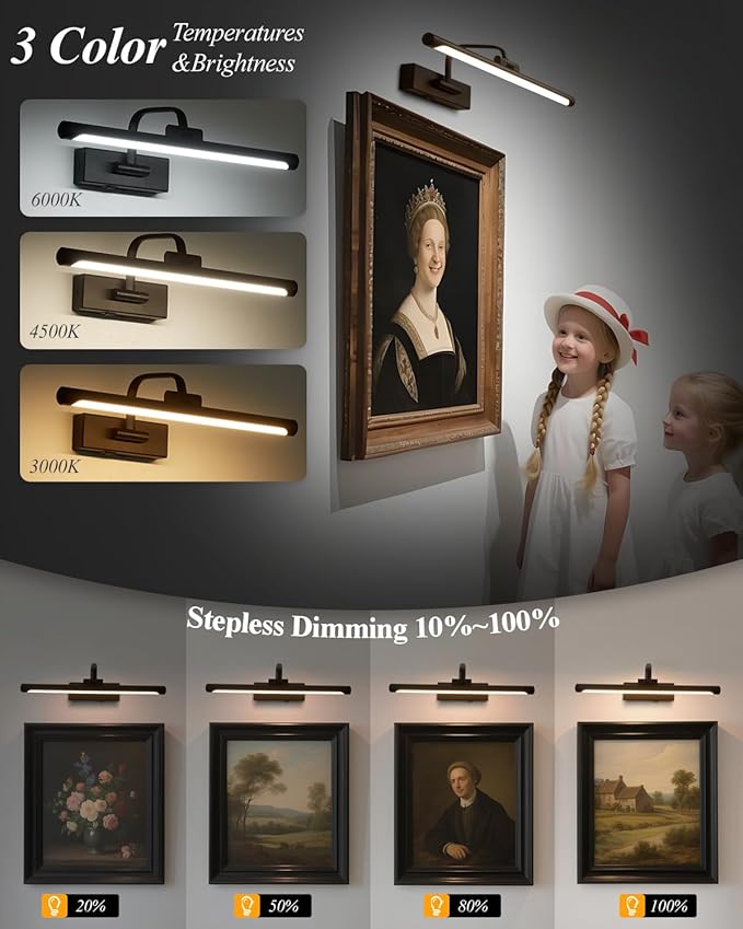 Picture Lights for Wall Battery Operated, Rechargeable Light for Picture with Remote & Timer, Black Art Light for Paintings Wireless Dimmable Cordless Gallery Frame Lights 16 Inch with 3CCT