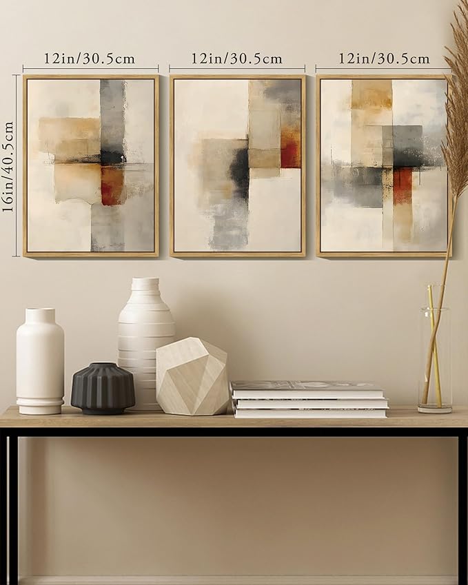 KUVIOKE Framed Abstract Wall Art Minimalist Beige Gray Red Pastel Watercolor Wall Decor Modern Neutral Art Print Home Decor 12x16in (Natural Framed)