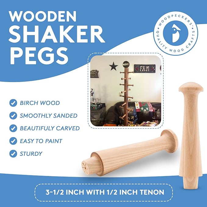 Woodpeckers Wooden Shaker Pegs 3-1/2-inch w/ 1/2-inch Tenon, Pack of 10 DIY Wooden Wall Hooks, Wood Hooks for Hanging Shaker Peg Rail and Coat/Hat/Towel Hook