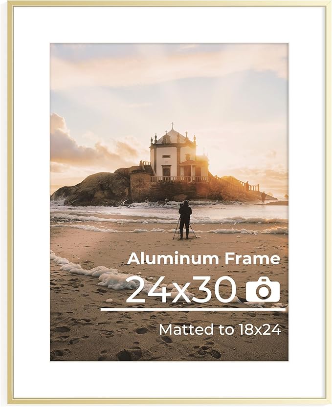 24x30 Aluminum Picture Frame - with Mat for 18x24 Photo or Without Mat for 24 x 30 Photo, Metal Poster Frame with High Definition Plexiglass, Wall Mounting or Tabletop Display, Golden, Set of 1
