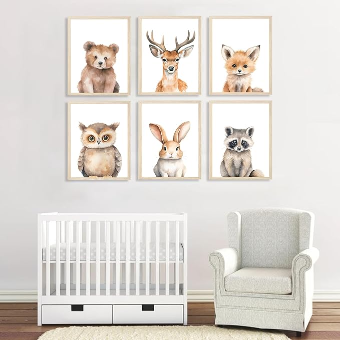 6 Animal Wall Art for Kids Room, Baby Room, Woodland Animals, Cute Bear, Deer, Rabbit Poster Prints, Safari Themed Paintings for Boys Girls Room (12x16 Inch Posters)