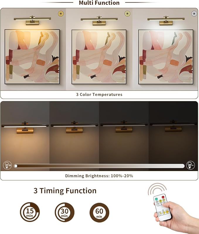 JUSHENG Wireless Picture Lights Battery Operated with Remote and Timer Brass Art Light with Swing Arm Rechargeable Gallery Lighting Artwork Lamp 15.75'' Inch 3W