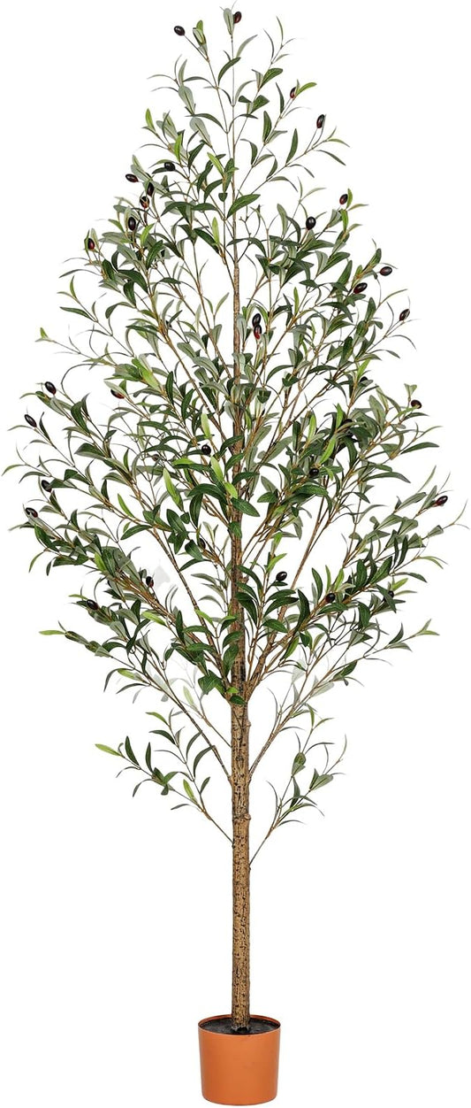 7FT Artificial Olive Tree Indoor Tall Realistic Faux Olive Tree with Plastic Planter, Fake Silk Tree with Handcrafted Branches & Fruits, Large Fake Plant for Home and Office Decor
