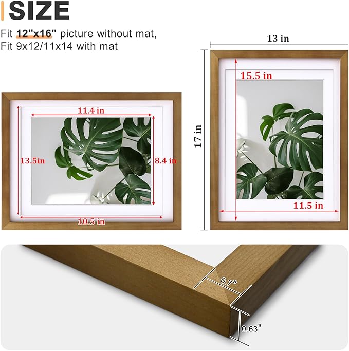 Egofine 12x16 Picture Frame with Plexiglass Made of Solid Wood, Display Pictures 9x12/11x14 with Mat or 12x16 Without Mat Set of 4 for Wall Mounting,Light Brown