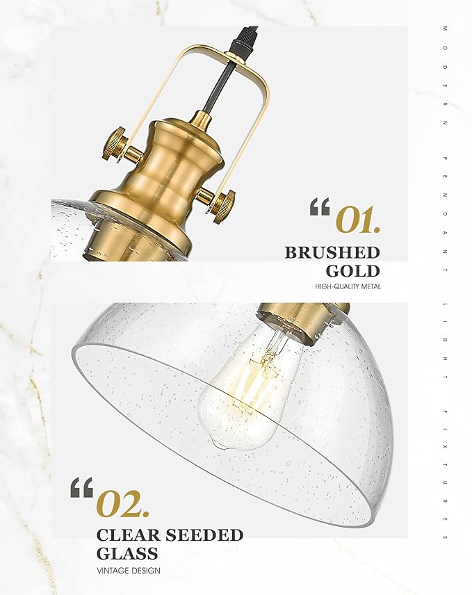 Pendant Lights Kitchen Island, 10.5" Farmhouse Pendant Lighting with Clear Seeded Glass Shade, Vintage Hanging Light Fixtures for Dining Room, Brushed Gold, AD-22151-1PL-GD