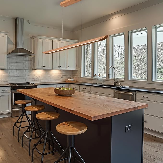 55" Wood Linear Pendant Light, Dimmable Kitchen Island Light with Remote, 40W LED Island Lights for Kitchen, Adjustable Linear Chandelier for Dinning Room Light Fixture, Bar, Pool Table Light Natural