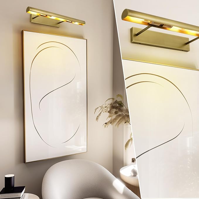 Brass Picture Lights for Wall, 30" Linear Picture Light Hardwired, 4-Light Brush Gold Art Light, Dimmable Gallery Light for Paintings, Warm White 270° Picture Frame Lights for Bathroom, Living Room