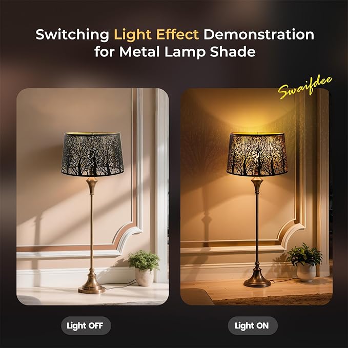 Large Oval Etched Metal Lampshade with Forest Pattern, (14×8.5)" Top x (16×10.5)" Bottom x 9.5" High, lron Cover Lamp Shade for Table Lamps, Floor Lamps Replacement (Antique Black and Gold)