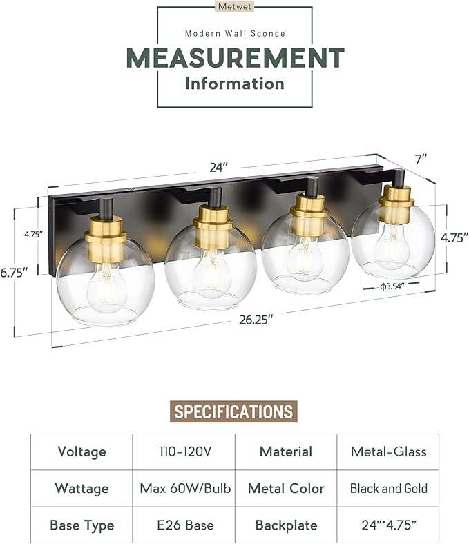 Bathroom Light Fixtures, 4-Light Black and Gold Bathroom Vanity Light, 26 Inch Modern Wall Sconces with Globe Clear Glass Shade, Vanity Lighting Fixtures Over Mirror, VL195-KG-4