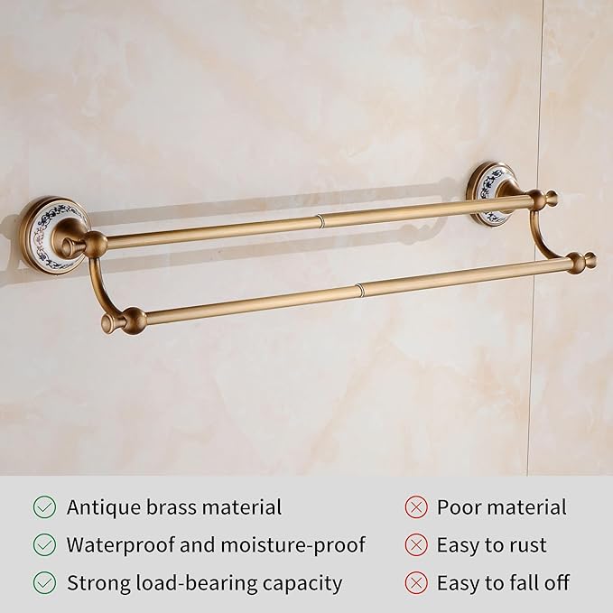 Antique Bronze Brass Double Towel Bar,Adjustable 15.5 to 27.5 Inch Bath Towel Bar Rack for Bathroom Towel Holder, Wall Mounted Bathroom Hardware Accessories,Porcelain Design