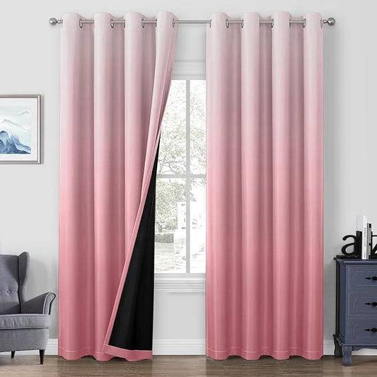 HOMEIDEAS Pink 100% Ombre Blackout Curtains for Bedroom, 52 X 96 Inches Long Room Darkening Gradient Light Blocking Thermal Insulated Grommet Drapes for Living Room, 2 Panels