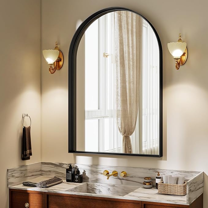 24" x 36" Luxury Arched Bathroom Mirror - Arch Wall Mirror with Shatterproof Tempered Glass and Metal Deep Frame, Hanging or Leaning for Living Room, Dresser, Entrance and Hallway, Black