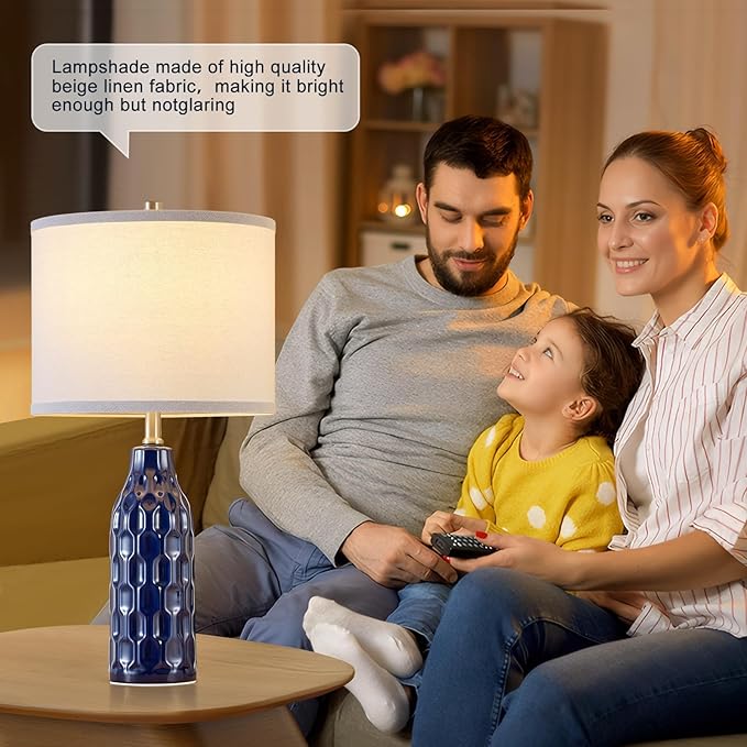 Luvkczc 24.8" Ceramic Table Lamps Set of 2 for Nightstand - 3 Color Temperature&Bulbs Included, Bedside Lamps for Living Room Bedroom Home Office Table Decor, Navy Blue